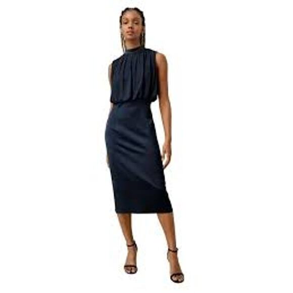 LILYSILK Pleated Sleeveless Silk Midi Dress  Navy Blue NWT NWD Size 14 Mulberry - Picture 1 of 10